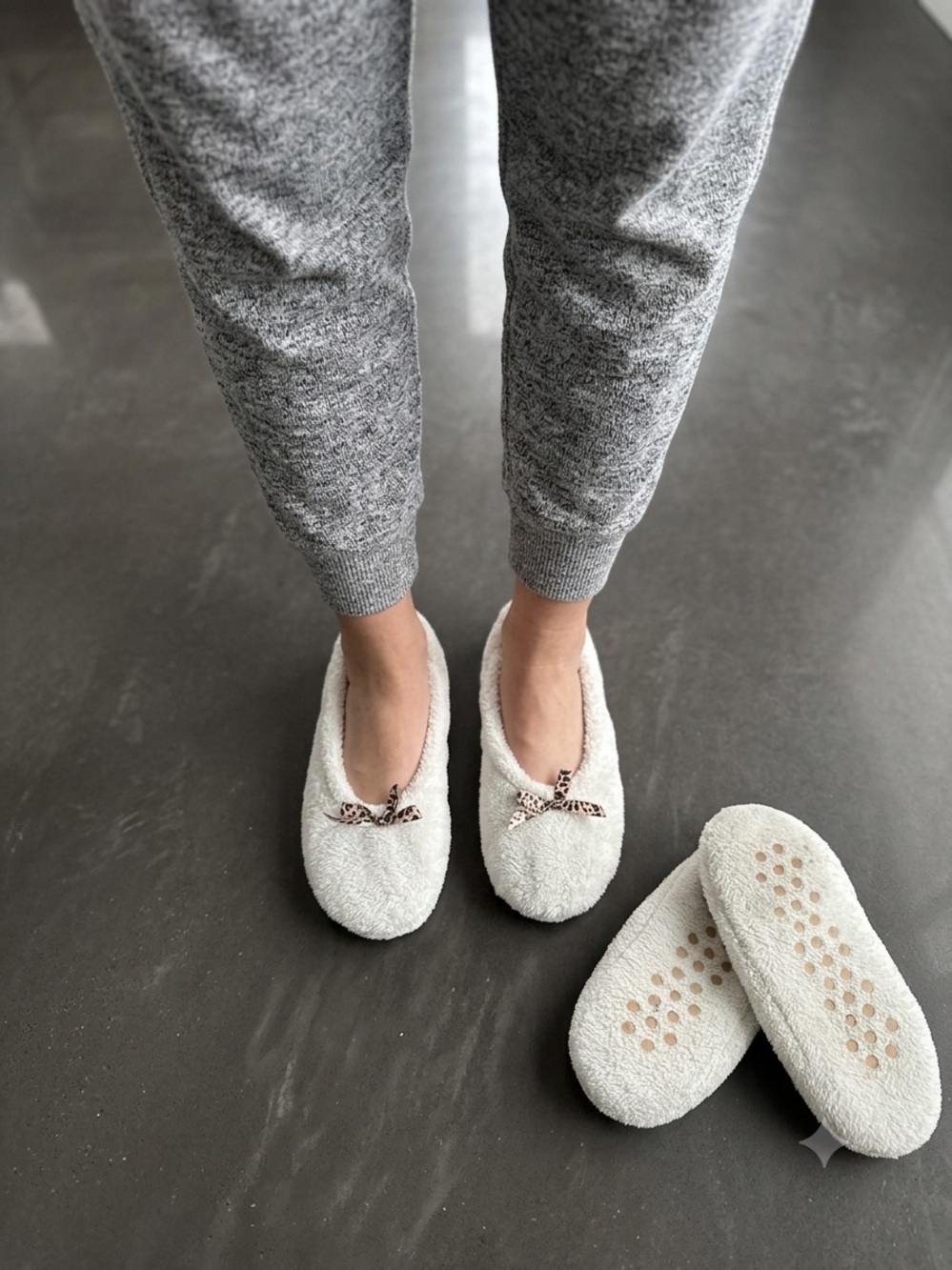 White Fuzzy Ballet Slipper Socks with Leopard Bows Size M (5-9)